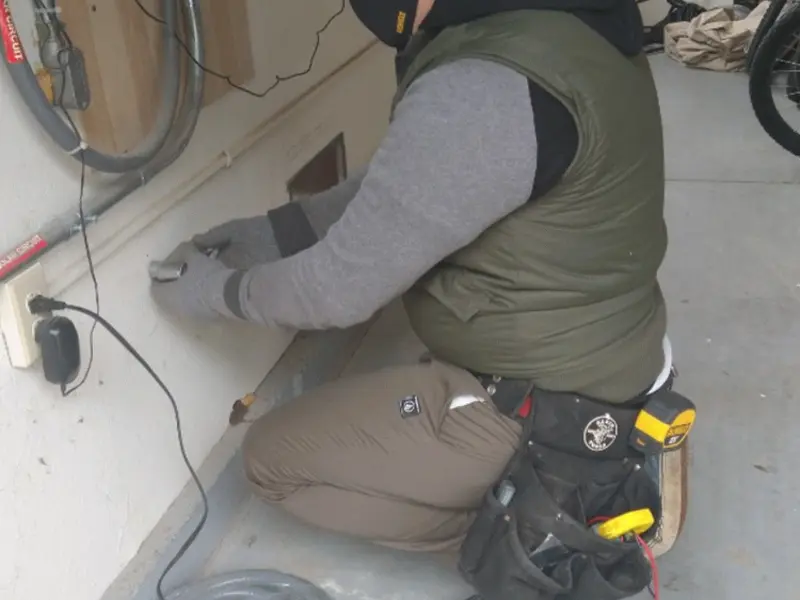 Electrician performing outlet wiring in a Clover garage